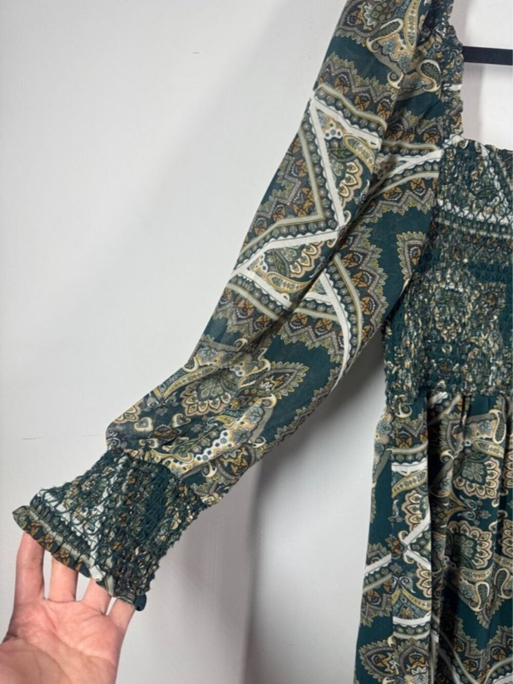 Apricot Paisley Mini Dress Green Size 6 Boho Cottagecore Festival Vacation Chic - Picture 7 of 16